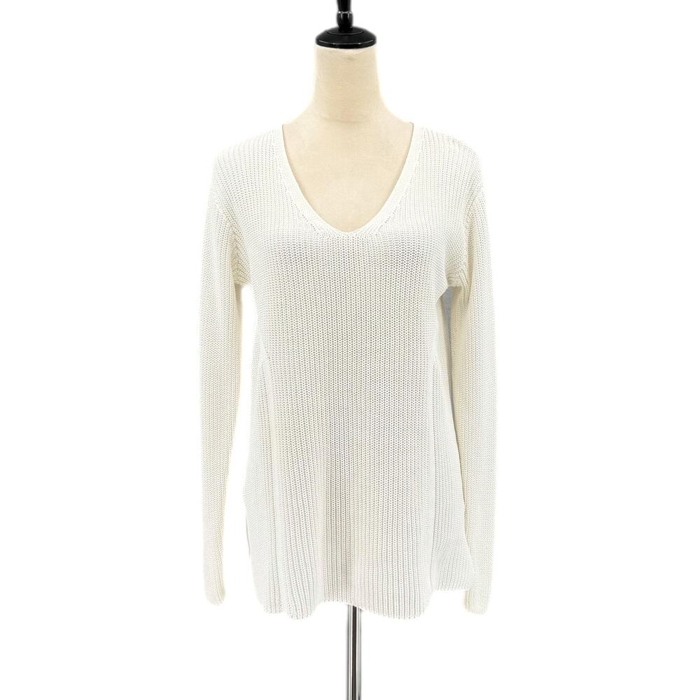 Athleta Highline White Cotton Blend Deep V-neck Relaxed Fit Knit Tunic Sweater